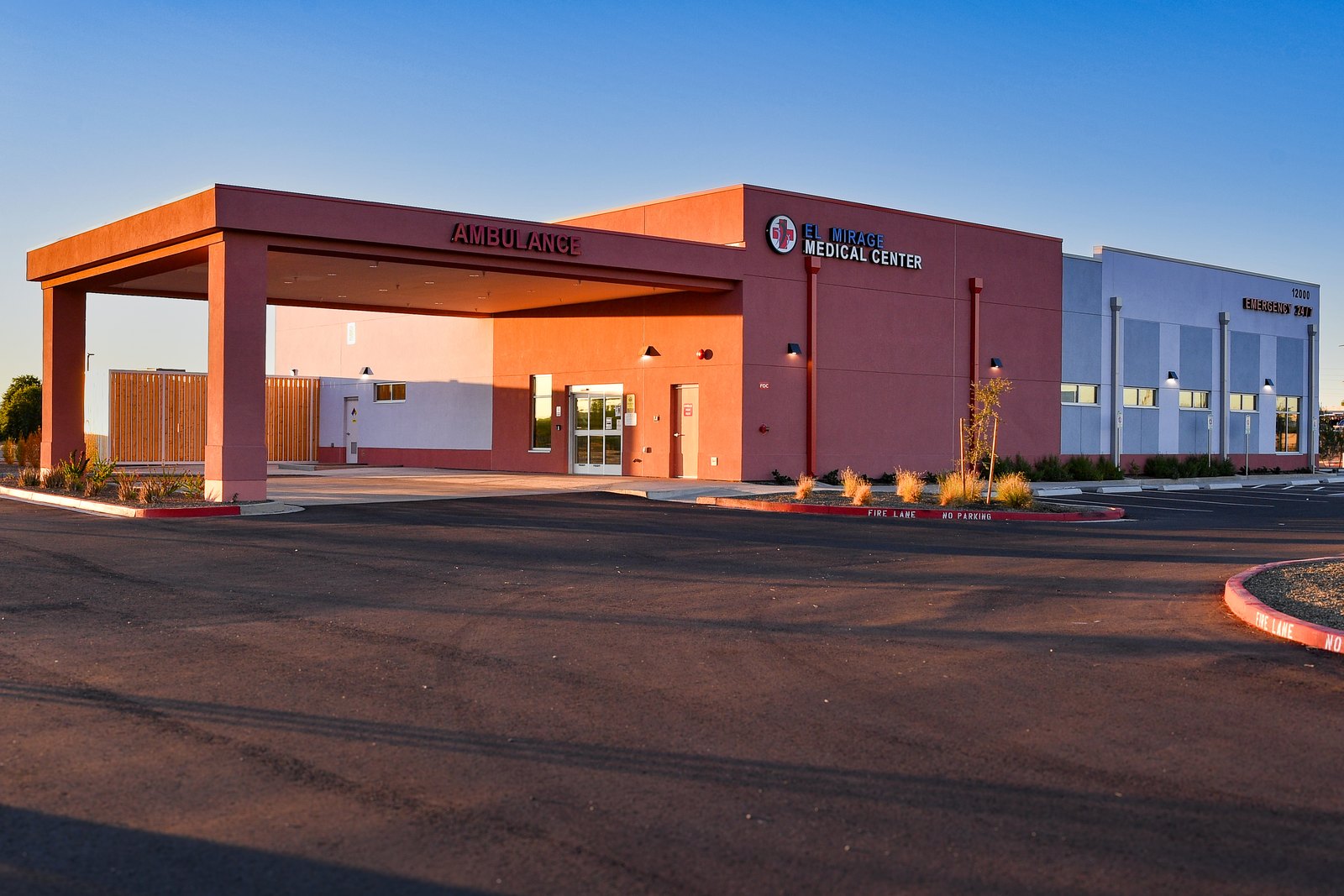The El Mirage Emergency Room ambulance bay at golden hour.